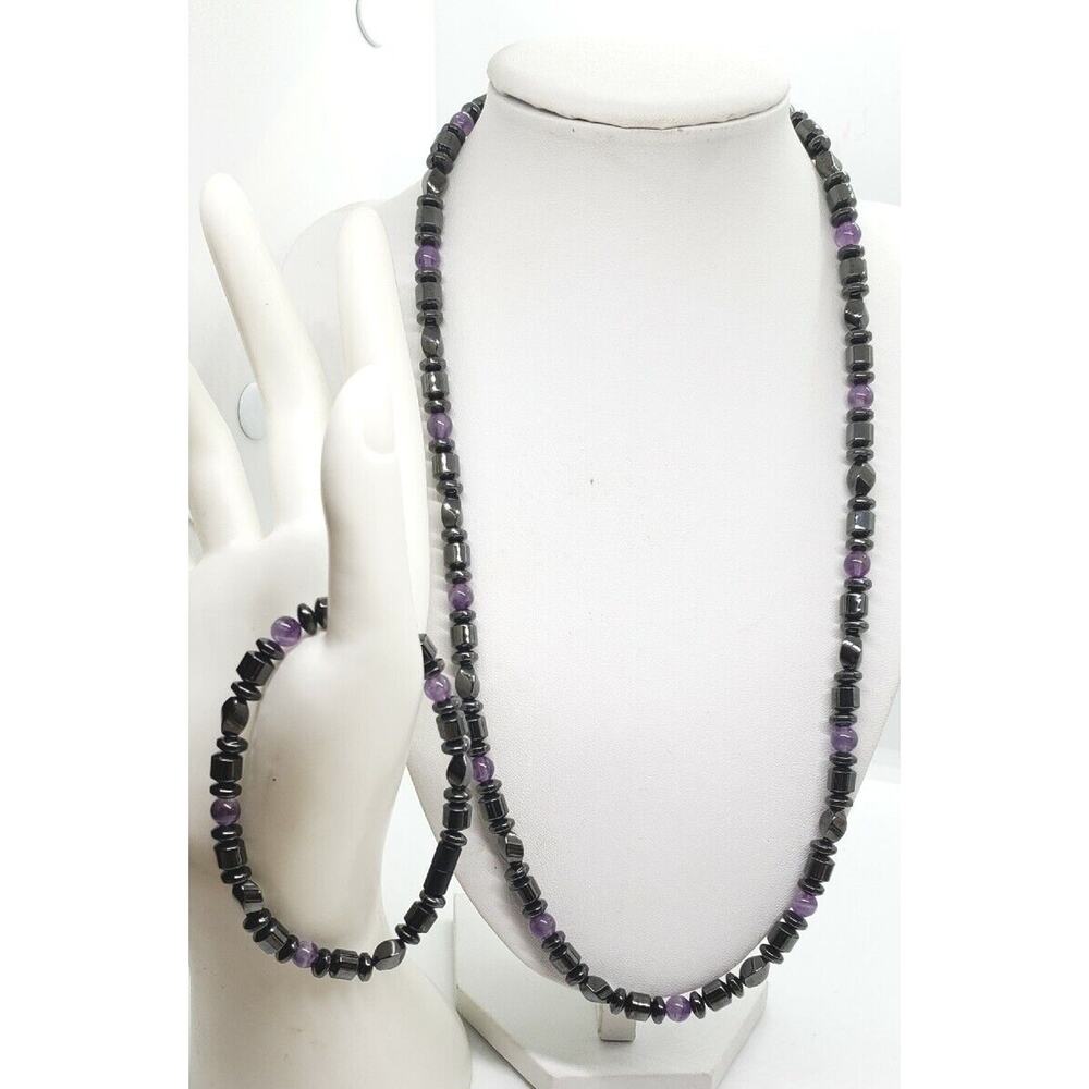 Genuine Hematite & Amethyst Necklace Bracelet Set Magnetic Healing